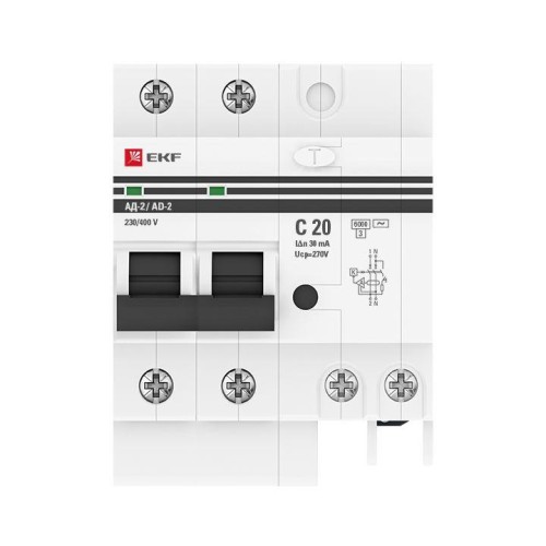 Выключатель автоматический дифференциального тока C 20А  30мА тип AC 6кА АД-2 (электрон.) защита 270В PROxima EKF DA2-6-20-30-pro