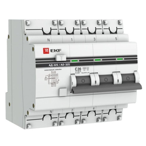 Выключатель автоматический дифференциального тока 4п (3P+N) 20А 100мА АД-32 селект. PROxima EKF DA32-20-100S-4P-pro