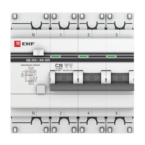 Выключатель автоматический дифференциального тока 4п (3P+N) 20А 100мА АД-32 селект. PROxima EKF DA32-20-100S-4P-pro