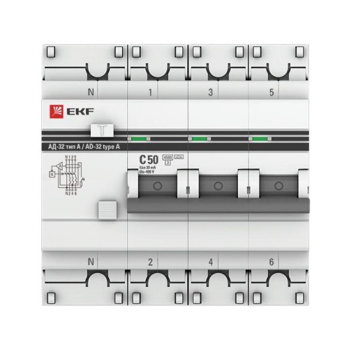 Выключатель автоматический дифференциального тока 4п (3P+N) 50А 30мА тип A АД-32 PROxima EKF DA32-50-30-4P-a-pro