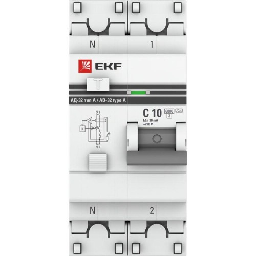 Выключатель автоматический дифференциального тока 2п (1P+N) C 10А 30мА тип A 6кА АД-32 защита 270В электрон. PROxima EKF DA32-6-10-30-a-pro
