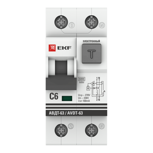 Выключатель автоматический дифференциального тока 6А 100мА тип AC 6кА АВДТ-63 электрон. PROxima EKF DA63-6-100e-AC