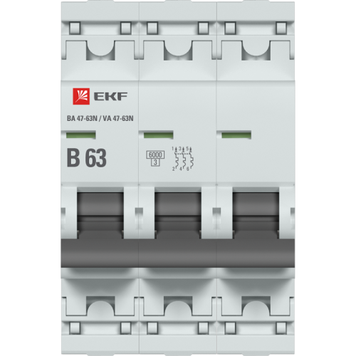 Выключатель автоматический модульный 3п B 63А 6кА ВА 47-63N PROxima EKF M636363B