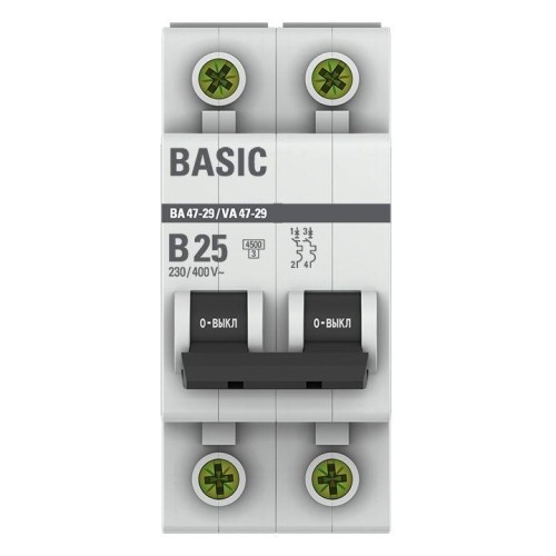 Выключатель автоматический модульный 2п B 25А 4.5кА ВА 47-29 Basic EKF mcb4729-2-25-B