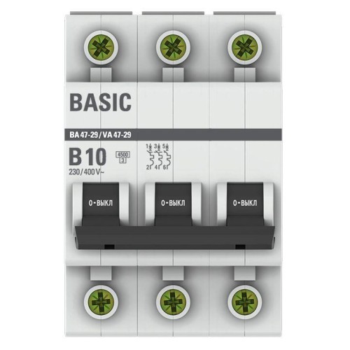 Выключатель автоматический модульный 3п B 10А 4.5кА ВА 47-29 Basic EKF mcb4729-3-10-B