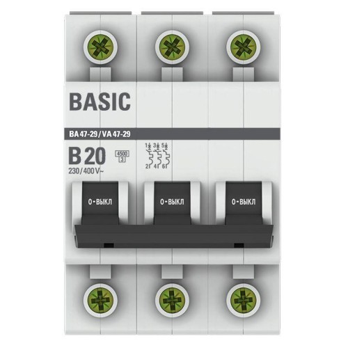 Выключатель автоматический модульный 3п B 20А 4.5кА ВА 47-29 Basic EKF mcb4729-3-20-B