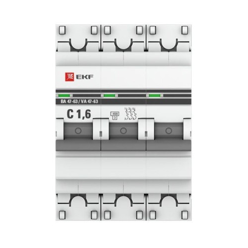 Выключатель автоматический модульный 3п C 1.6А 4.5кА ВА 47-63 PROxima EKF mcb4763-3-1.6C-pro
