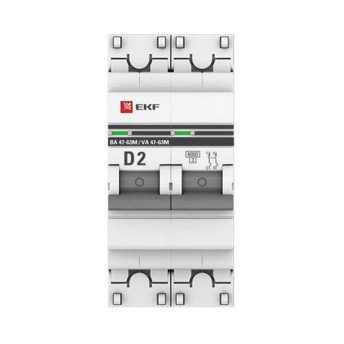 Выключатель автоматический модульный 2п D 2А 6кА ВА 47-63M с одним магнит. расцеп. EKF mcb4763m-6-2-2D-pro