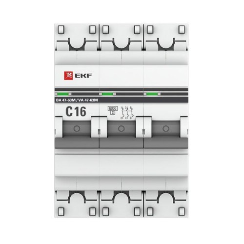 Выключатель автоматический модульный 3п C 16А 6кА ВА 47-63M электромагнит. расцеп. PROxima EKF mcb4763m-6-3-16C-pro