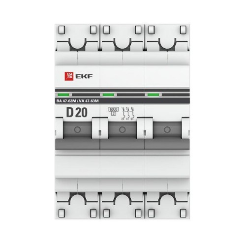 Выключатель автоматический модульный 3п D 20А 6кА ВА 47-63M с одним магнит. расцеп. EKF mcb4763m-6-3-20D-pro
