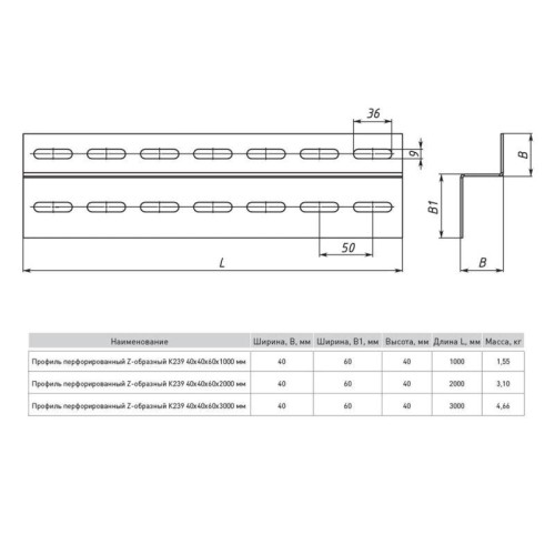 Профиль Z-образный перфорир. 40х60 L3000 2мм К239 INOX EKF ppz4060-3-2-INOX